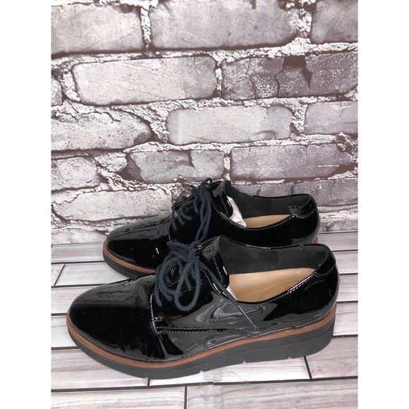 Clarks Unstructured Black Patent Leather Platform Lace Shoes Women Sz 8M US/39EU - Picture 10 of 16